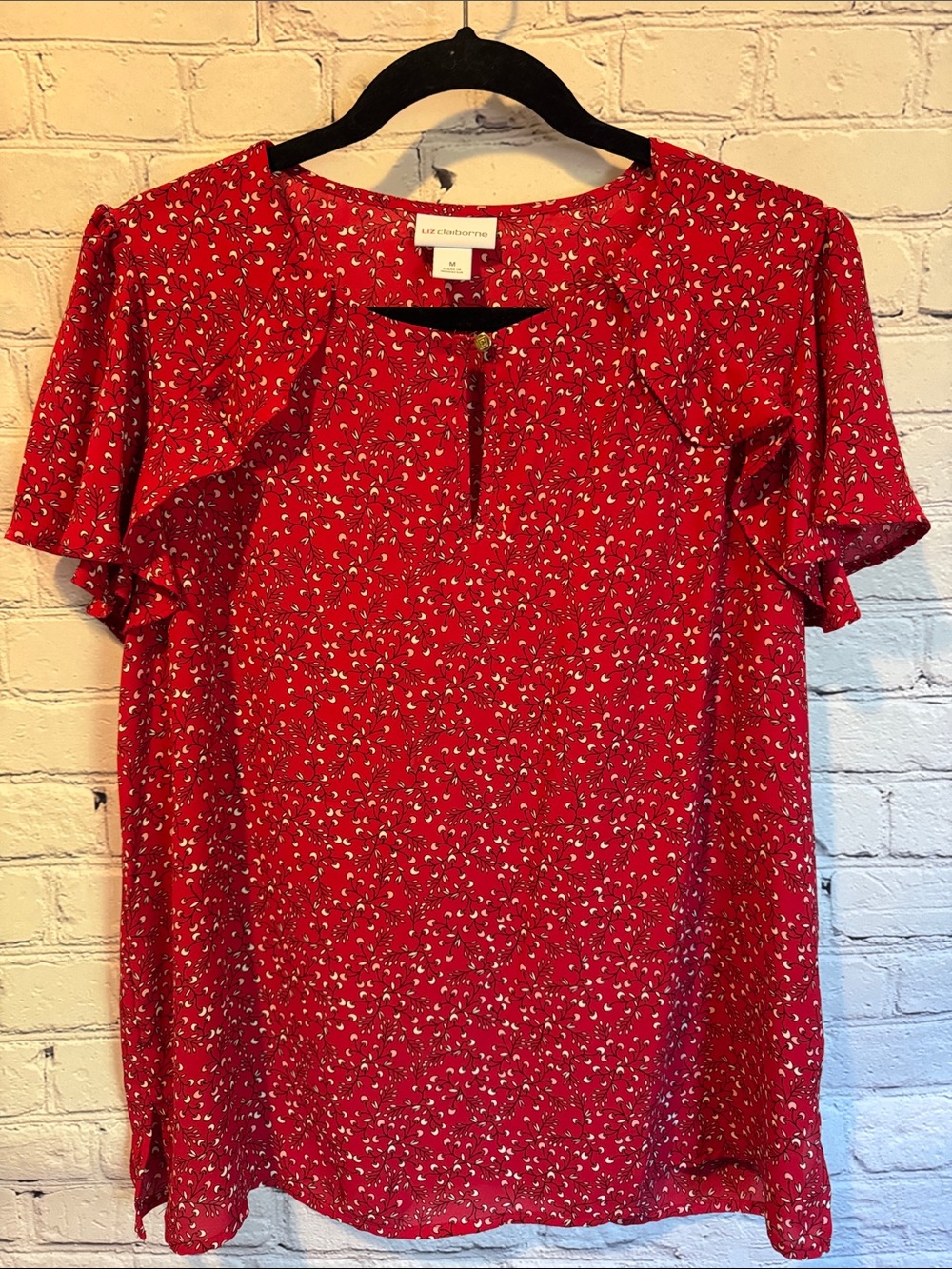 Liz Claiborne Red Ditsy Floral Flutter Sleeve Top Medium